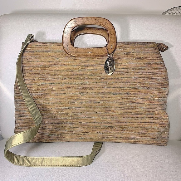 Cabrelli Vintage Tapestry Style Hand Bag Earth Tone Golden Wooden Handle ZipTote - Picture 2 of 10